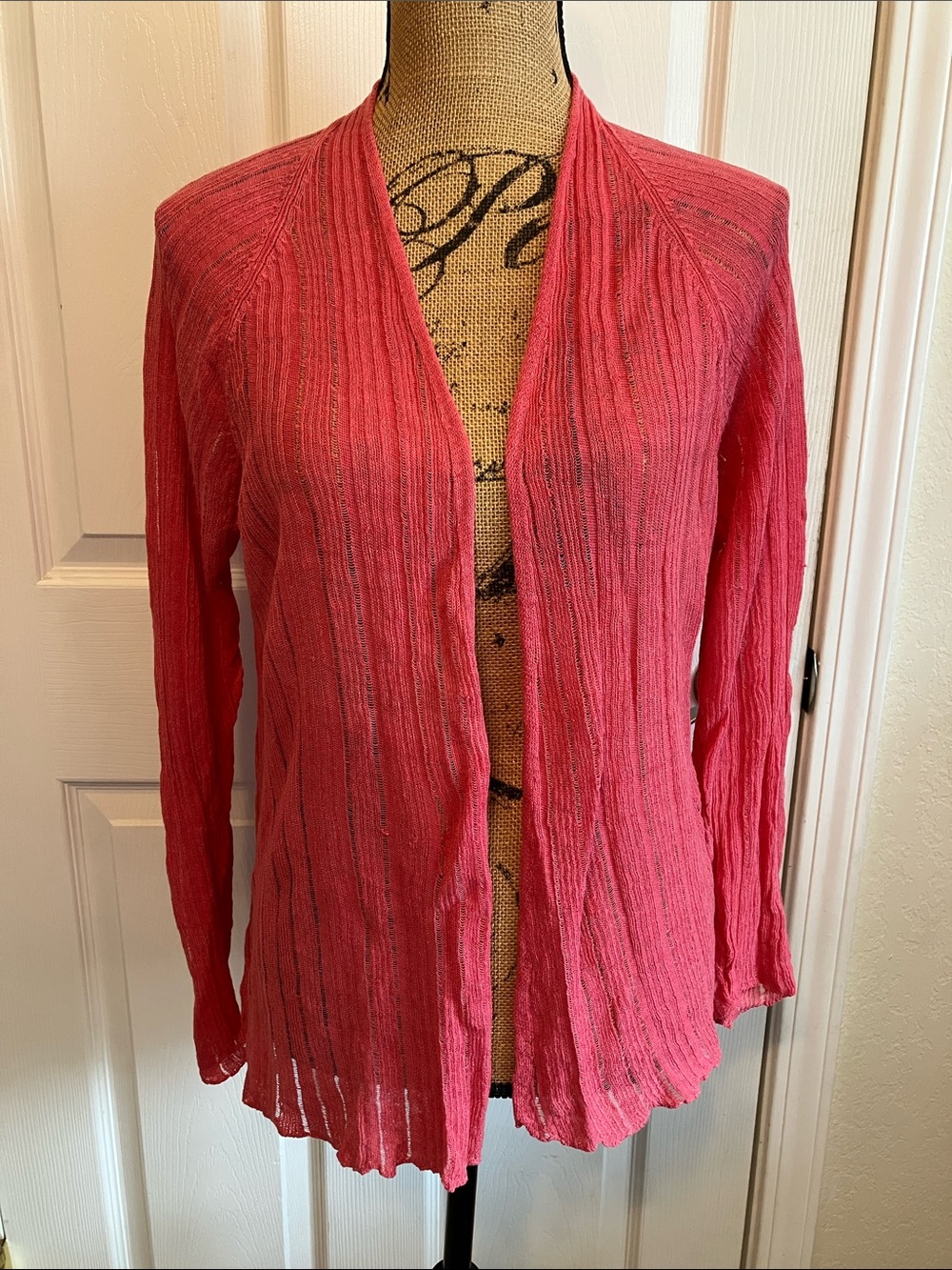 EILEEN FISHER Peony Pink Linen Silk Angled loose knit coral open Cardigan